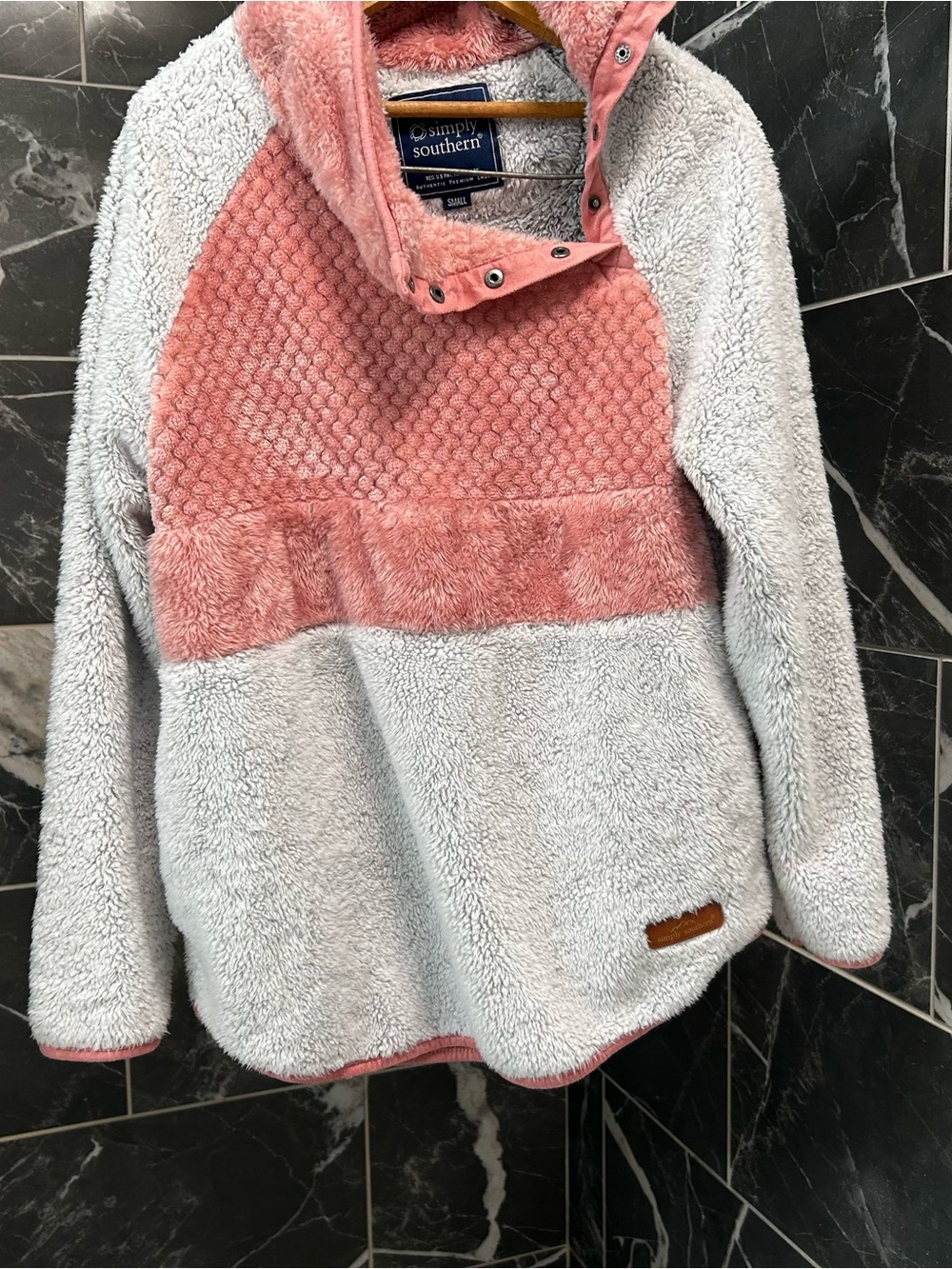 Simply Southern Pink and Gray Sherpa Snap-Neck Pullover